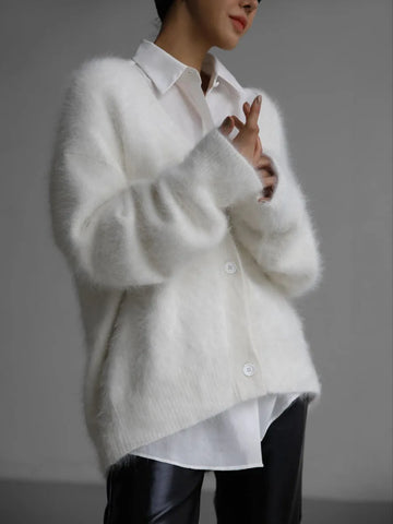 Getadme-Fashion New Knitted Angola Cardigan Women Luxe Mink Oversized Soft V-neck Long Sleeve Sweater Single Breasted Solid Knitwears